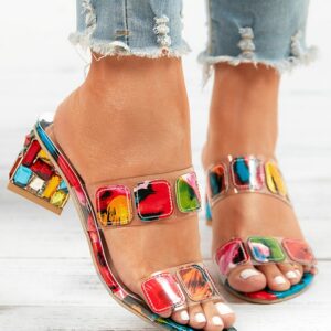 Women Color Block Summer Party PU Block Heel Open-Top Rubber Non-Slip Dress Shoes Slide Sandals