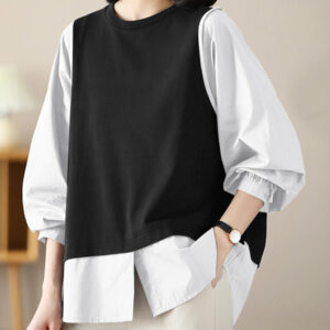 Women Contrast Long Sleeve Crew Neck Casual Blouse