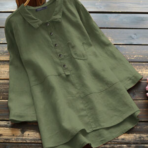 Women Cotton Solid Color High-Low Hem 3/4 Sleeve Button Casual Blouse