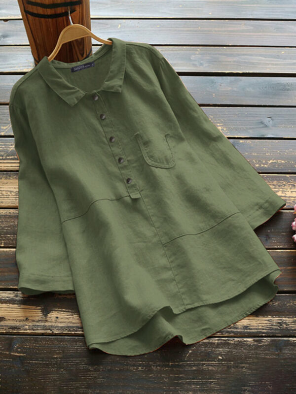 Women Cotton Solid Color High-Low Hem 3/4 Sleeve Button Casual Blouse