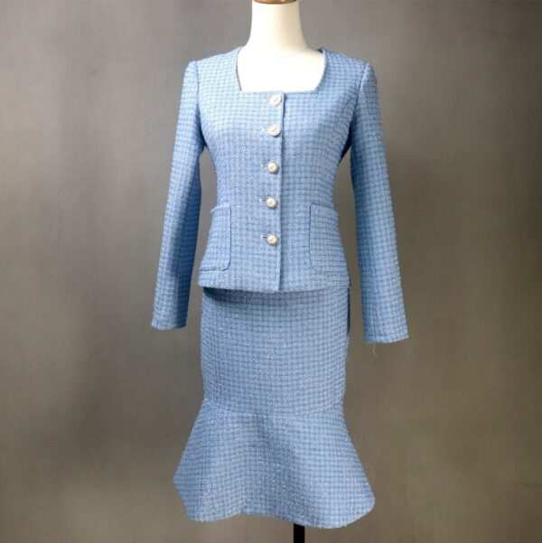 Women Custom Made Suit Tweed Fitted Blazer + Fishtail Mermaid Long Skirt Blue , Wedding Ceremony, Graduation, Speech Day, Formal Event