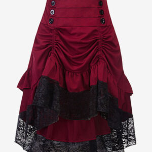 Women Gothic Costume Buttons Ruffle Lace Burgundy Retro Skirt Halloween