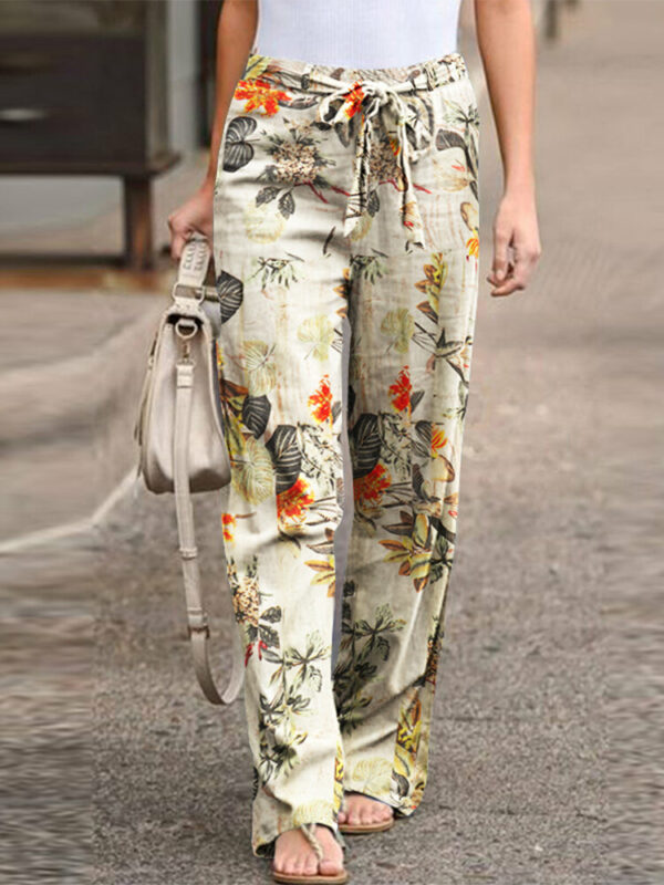 Women High Elastic Waist Floral Print Belted Side Pocket Vintage Pants