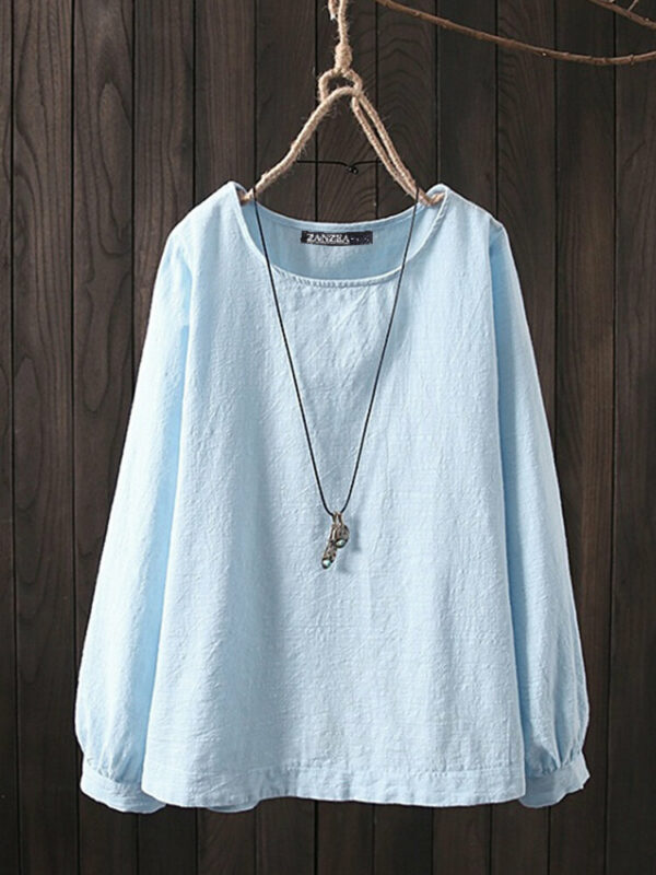 Women Long Sleeve Crew Neck Casual Solid Cotton Blouse