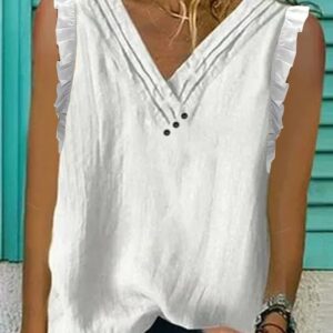 Women Plain Summer Linen Cotton V neck Gathered Regular Fit Sleeveless A-Line Tank Tops