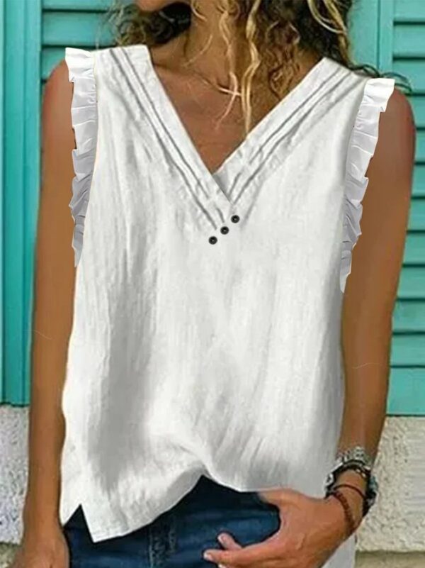 Women Plain Summer Linen Cotton V neck Gathered Regular Fit Sleeveless A-Line Tank Tops