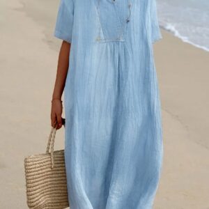 Women Plain Summer Linen V neck Natural Micro-Elasticity Midi H-Line TUNIC Dresses