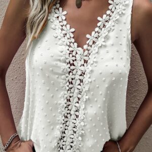 Women Plain Summer Vacation Lace V neck Lightweight No Elasticity Sleeveless Regular Tank Tops