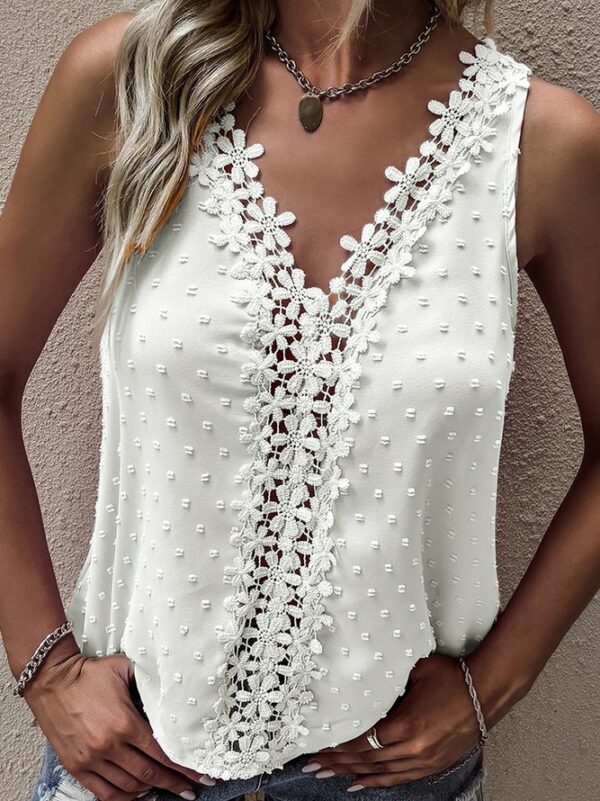 Women Plain Summer Vacation Lace V neck Lightweight No Elasticity Sleeveless Regular Tank Tops