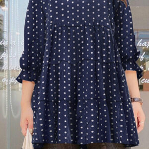 Women Puff Sleeve Daily O-Neck Spliced Dots Casual Loose Blouse