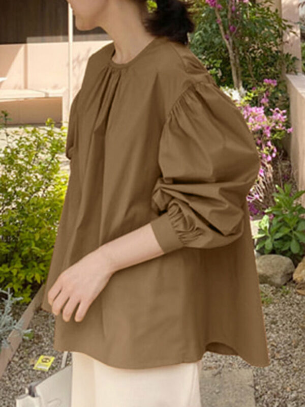 Women Puff Sleeve Solid Color Bohemian O-Neck Casual Loose Blouse