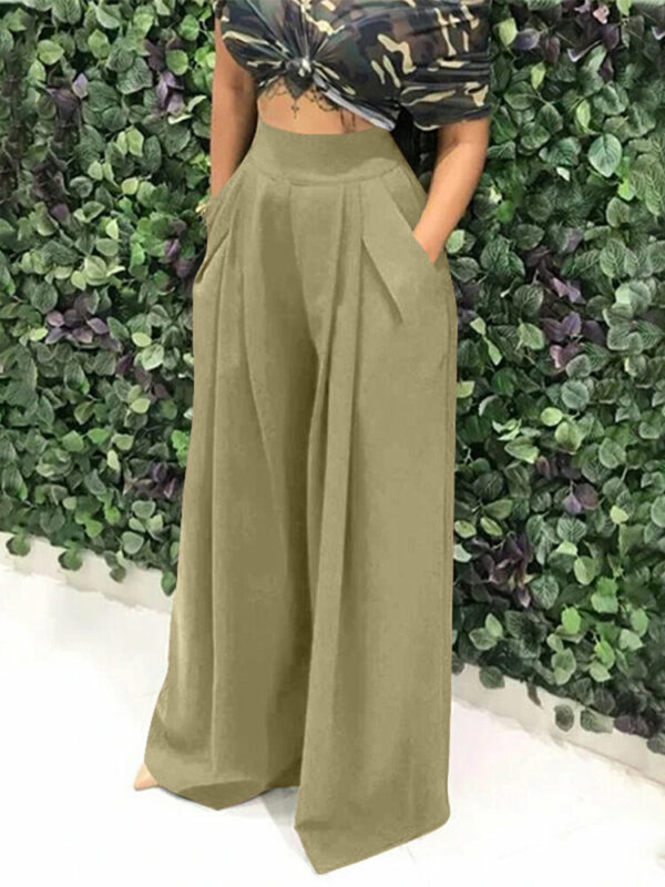 Women Pure Color High Elastic Waist Simple Wide Leg Pants With Pocket