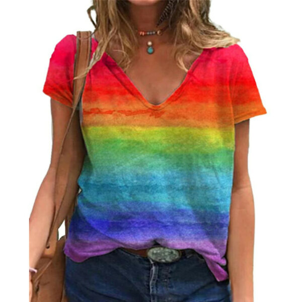 (Women Rainbow Printed V-neck T-shirts Lgbt Pride Month Casual Tee Tops Summer) Women Rainbow Printed V-neck T-shirts Lgbt Pride Month Casual Tee Tops