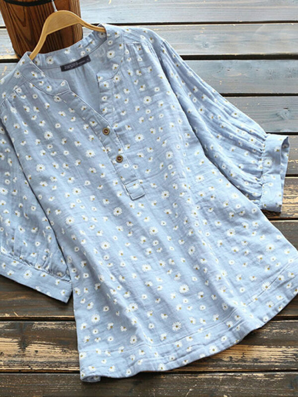 Women Retro Daisy Print Half Button Curved Hem Short Sleeve Blouse