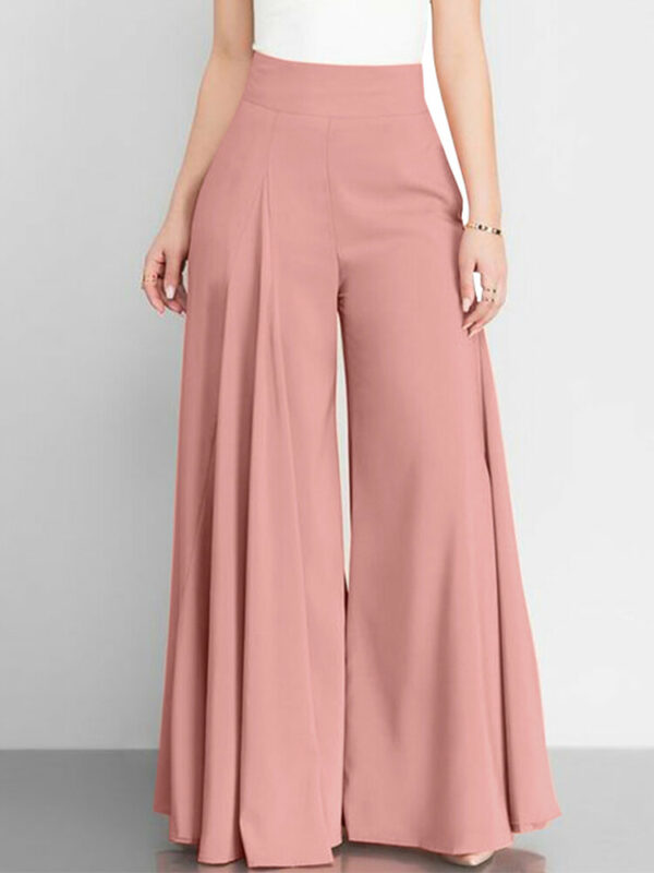 Women Solid Color High Waist Zipper Wide Leg Pants With Pocket