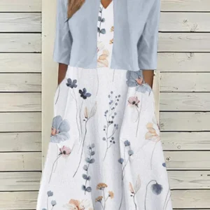 Women Spring/Fall Elegant Floral Pattern Natural Loose Three Quarter Wrap Coat With Skirt RE Two-Piece Sets