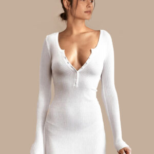 Women Sweater Dresses White V Neck Casual Bodycon Dresses Long Sleeves Knitted Pencil Dress