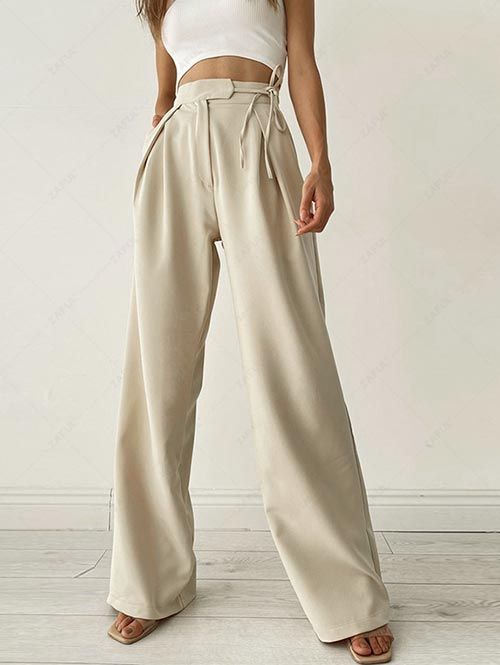 Women Tie Side Pleated Detail Zipper Fly Pocket Wide Leg Pants L Light coffee