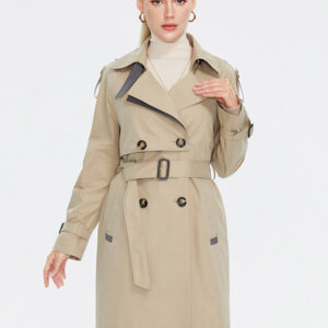 Women Trench Coat Lapel Buttons Belted Windproof Outerwear