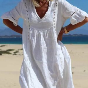 Women Vacation Plain Summer V neck Natural No Elasticity Vacation Short Sleeve Babydoll Dress Dresses