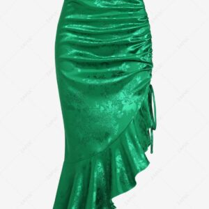 Women ZAFUL Satin Floral Jacquard Cinched Ruffle Hem Asymmetric Skirt M Deep green