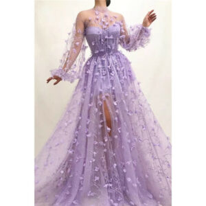 Womens 3D Flower Embroidered Mesh Tulle Dress Party Night Nightclub Purple Gauze Evening Prom Dress Female See Through