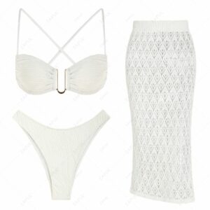 Women's 3PC Set Swimwear Criss Cross Textured U Metal High Leg Cheeky Bikini Set Openwork Thigh Split Crochet Knit Cover Up Beach Long Midi Skirt Whit