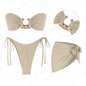 Women's 3PC Set Swimwear O Ring Metal Hardware Decor Tie Side Textured High Cut Tanga Bandeau Bikini Set With Cover Up Skirt Beach Sarong Light coffee