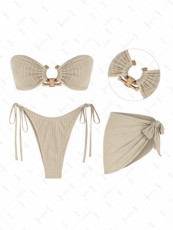 Women's 3PC Set Swimwear O Ring Metal Hardware Decor Tie Side Textured High Cut Tanga Bandeau Bikini Set With Cover Up Skirt Beach Sarong Light coffee