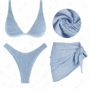 Women's 3PC Set Swimwear Plunging Neck Textured Triangle High Cut Cheeky Bikini Set With Tie Side Cover Up Skirt Beach Sarong Light blue