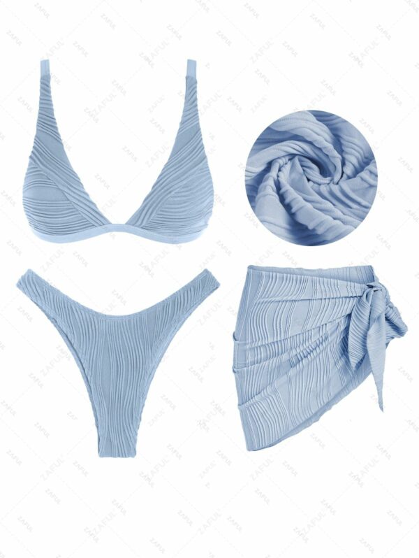 Women's 3PC Set Swimwear Plunging Neck Textured Triangle High Cut Cheeky Bikini Set With Tie Side Cover Up Skirt Beach Sarong Light blue