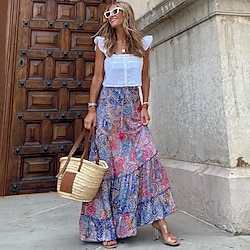 Women's A Line Swing Long Skirt Bohemia Maxi Skirts Print Floral Graphic Holiday Casual Daily Spring Summer Polyester Fashion Bohemian Boho Pink