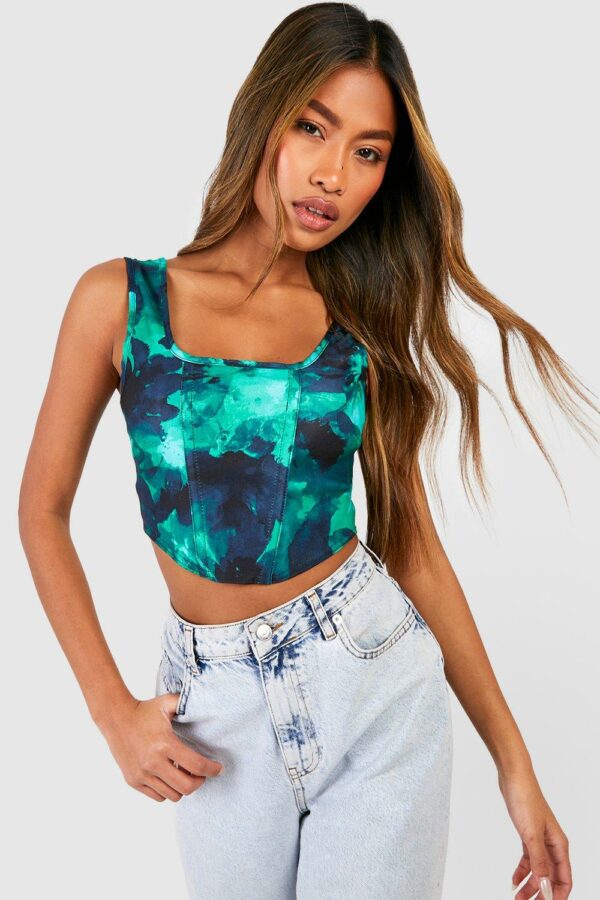 Womens Abstract Floral Printed Bengaline Corset Top - Green - 12, Green