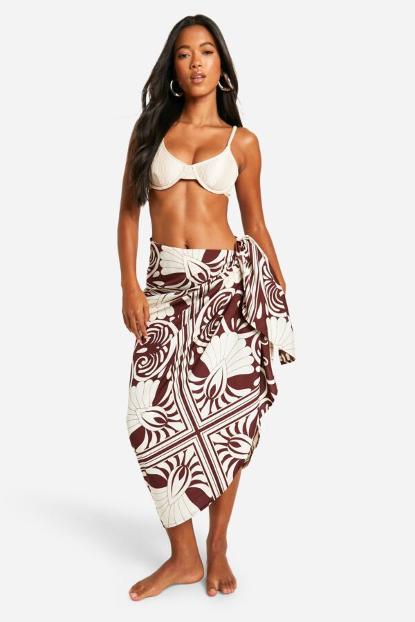 Womens Abstract Wrap Tie Beach Maxi Skirt - Brown - M, Brown