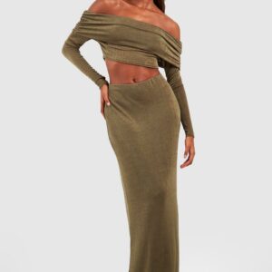 Womens Acetate Slinky Bardot Long Sleeve Top & Maxi Skirt - Green - 12, Green