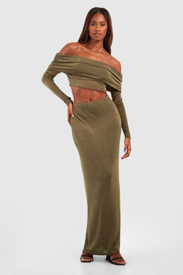 Womens Acetate Slinky Bardot Long Sleeve Top & Maxi Skirt - Green - 12, Green