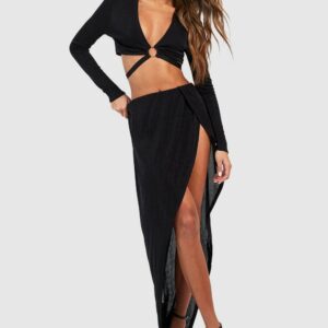 Womens Acetate Slinky O Ring Cut Out Top & Maxi Skirt - Black - 10, Black