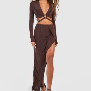 Womens Acetate Slinky O Ring Cut Out Top & Maxi Skirt - Brown - 12, Brown