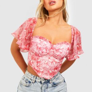 Womens Angel Sleeve Floral Corset Top - Pink - 14, Pink