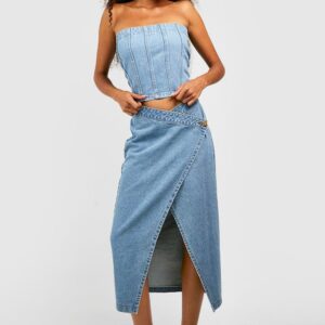 Womens Asymmetric Wrap Midaxi Denim Skirt - Blue - 6, Blue