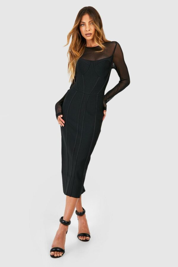 Womens Bandage Mesh Insert Midi Dress - Black - 8, Black