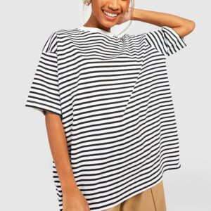 Womens Basic Cotton Oversized Striped T-Shirt - White - 6, White