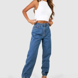 Womens Basics High Waisted Denim Boyfriend Joggers - Blue - 14, Blue