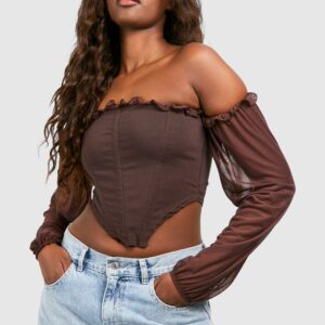 Womens Bengaline Mesh Detail Top - Brown - 6, Brown