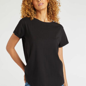 Womens Black Cotton Roll Sleeve T-Shirt