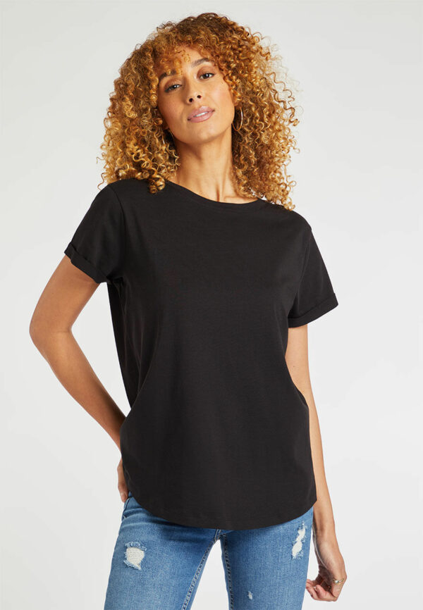 Womens Black Cotton Roll Sleeve T-Shirt