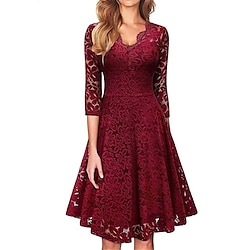 Women's Black Dress Lace Dress Party Dress Lace Patchwork V Neck 3/4 Length Sleeve Midi Dress Wedding Guest Cocktail Party Black Wine Spring Fall