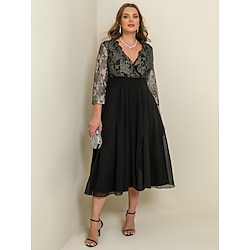 Women's Black Dress Prom Dress Black Lace Dress Plus Size Curve Party Dress Swing Dress Floral Long Dress Maxi Dress 3/4 Length Sleeve Patchwork V Neck Wedding Guest Dress