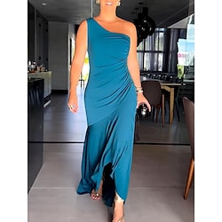 Women's Black Dress Prom Dress Party Dress One Shoulder Sleeveless Wedding Guest Blue Green Spring Fall