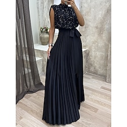 Women's Black Dress Sequin Dress Prom Dress Sequins Pleated Crew Neck Sleeveless Wedding Guest Vacation Black Spring Fall